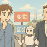 住宅ローンの固定・変動金利に迷う男性とAIロボット、ロケット背景にアドバイスする人物のアニメ風イラスト