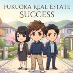 福岡の不動産営業で年収800万円を達成した3人のちびキャライラスト。背景は新築戸建て住宅街と青空。