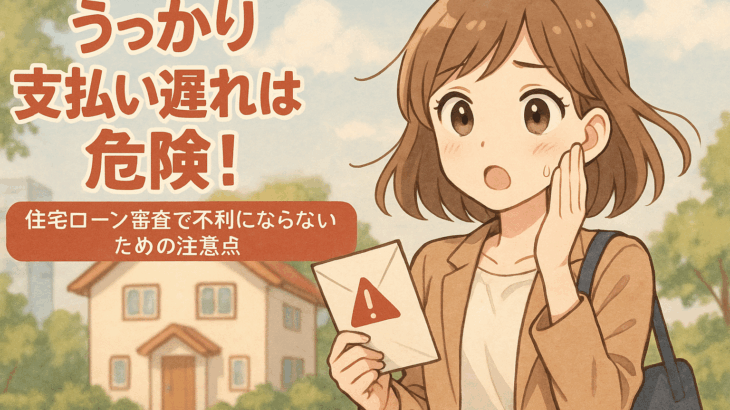 驚いた表情で封筒を見つめる女性と『うっかり支払い遅れは危険！』という警告テキストが描かれた住宅ローンに関するアニメ風イラスト