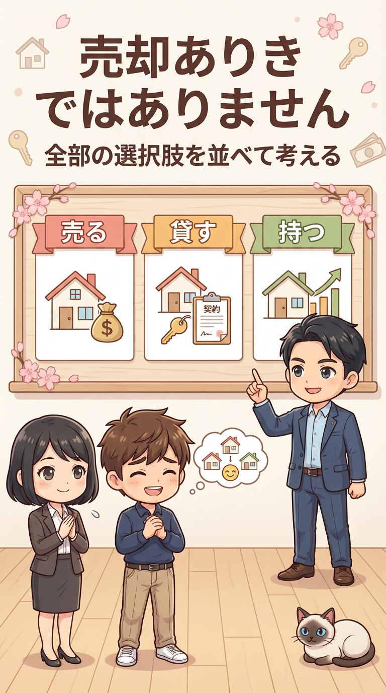 売る・貸す・持つを同列に並べ、売却ありきではないことを示すイラスト