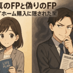 真のFPと偽りのFP」というタイトルのアニメ風のイラスト