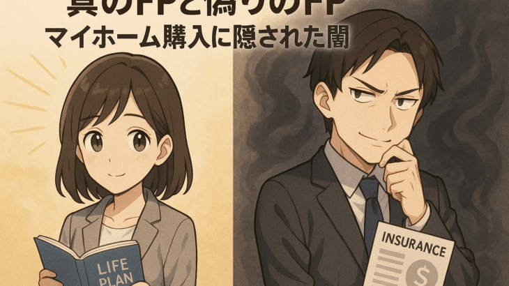 真のFPと偽りのFP」というタイトルのアニメ風のイラスト