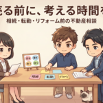 不動産相談のイメージイラスト。3人がテーブルで「相続・転勤・リフォーム」の付箋と「売る・貸す・持つ」の選択肢を整理している（福岡中心）